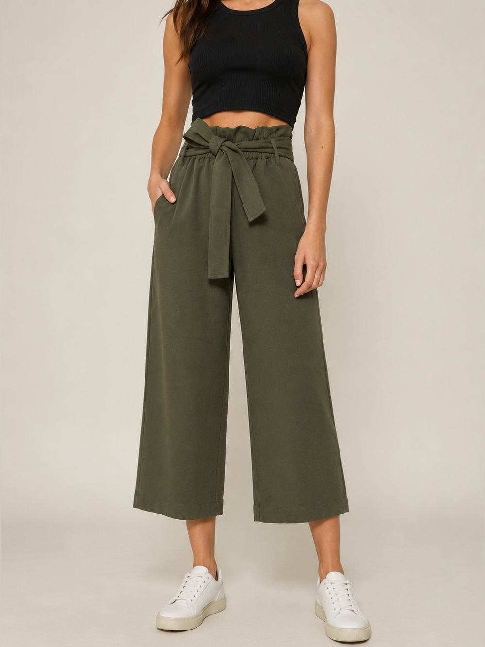 Aritzia Wilfred Olive Japanese Crepe Belted Wide Leg Paper Bag Waist Pants 2